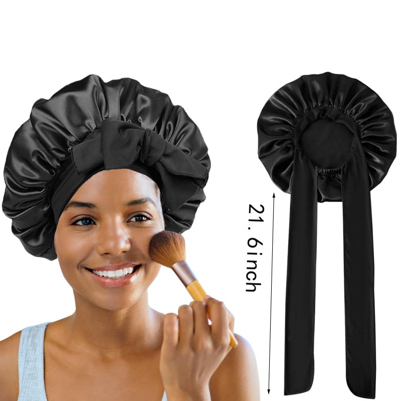 Confvrter Silk Bonnet Satin Hair Bonnet for Sleeping Large Bonnets with Tie Band Hair Wrap with Adjustable Straps Hair Cap for Women Curly Hair Black - Image 5